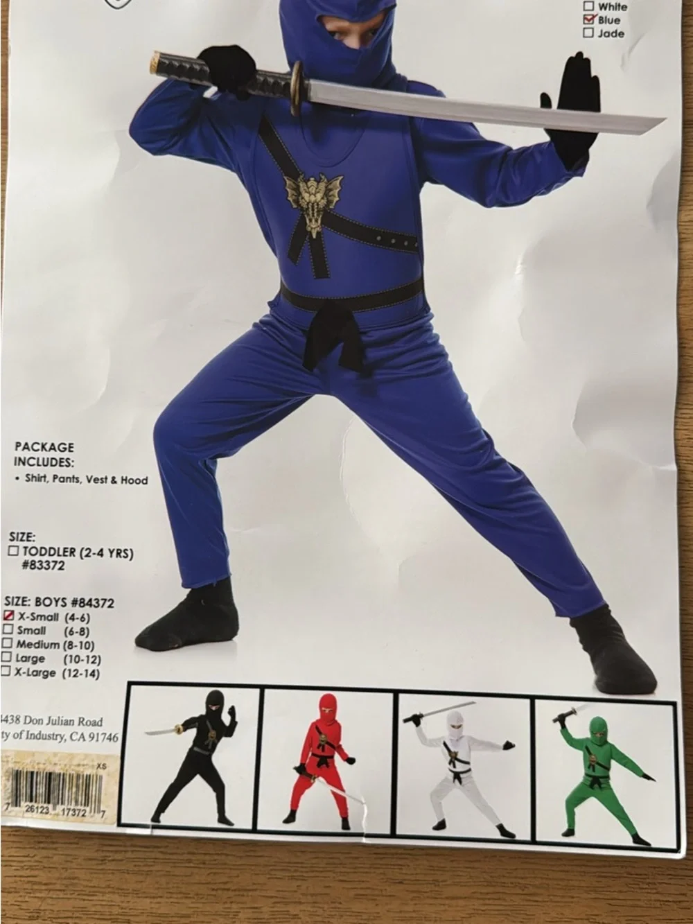 Kids Ninja Costume - Blue Hooded Shirt, Pants & Vest For Boys Size XS (4-6ys)